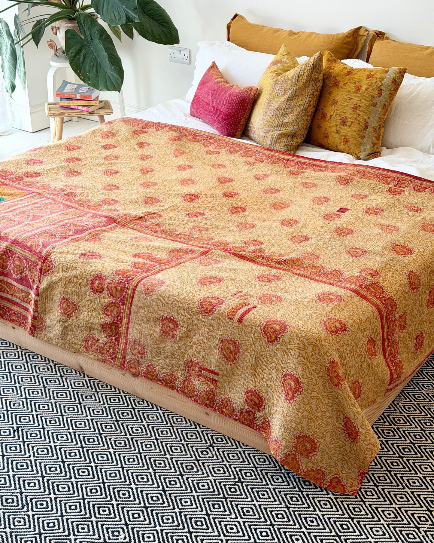 Extra Large Fine Stitched Vintage Kantha Quilt in Beige, Red and Green