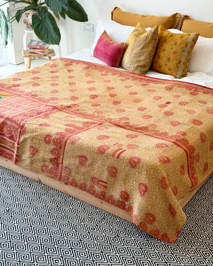 Extra Large Fine Stitched Vintage Kantha Quilt in Beige, Red and Green