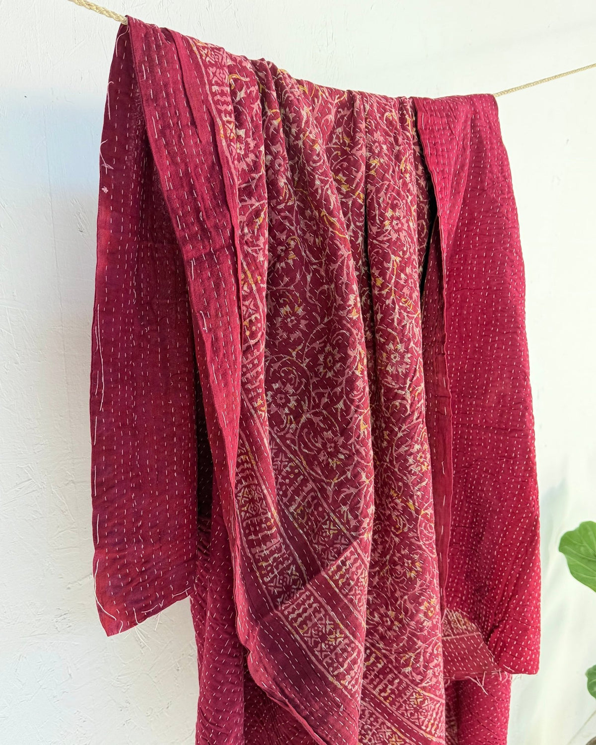 Ajrakh Printed Vintage Kantha Quilt in Deep Red - Biggs & Hill