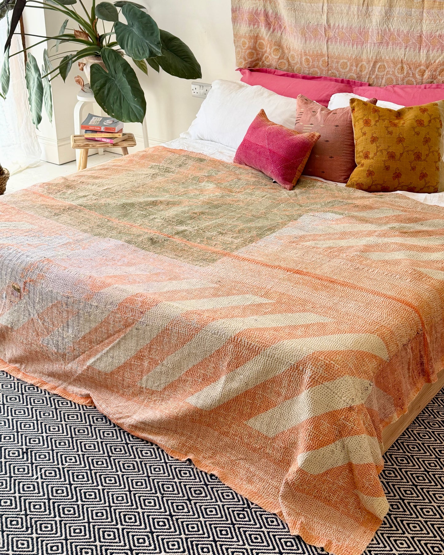 Extra Large Textured Vintage Kantha Quilt in Pink Colour Block and Peachy Pastels