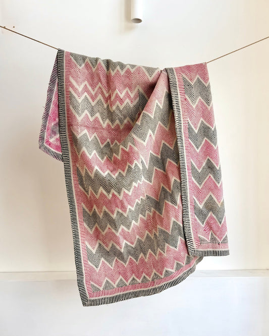 Heavy Vintage Lohori Kantha Quilt in Deep Pink and Black Zig Zags - Biggs & Hill