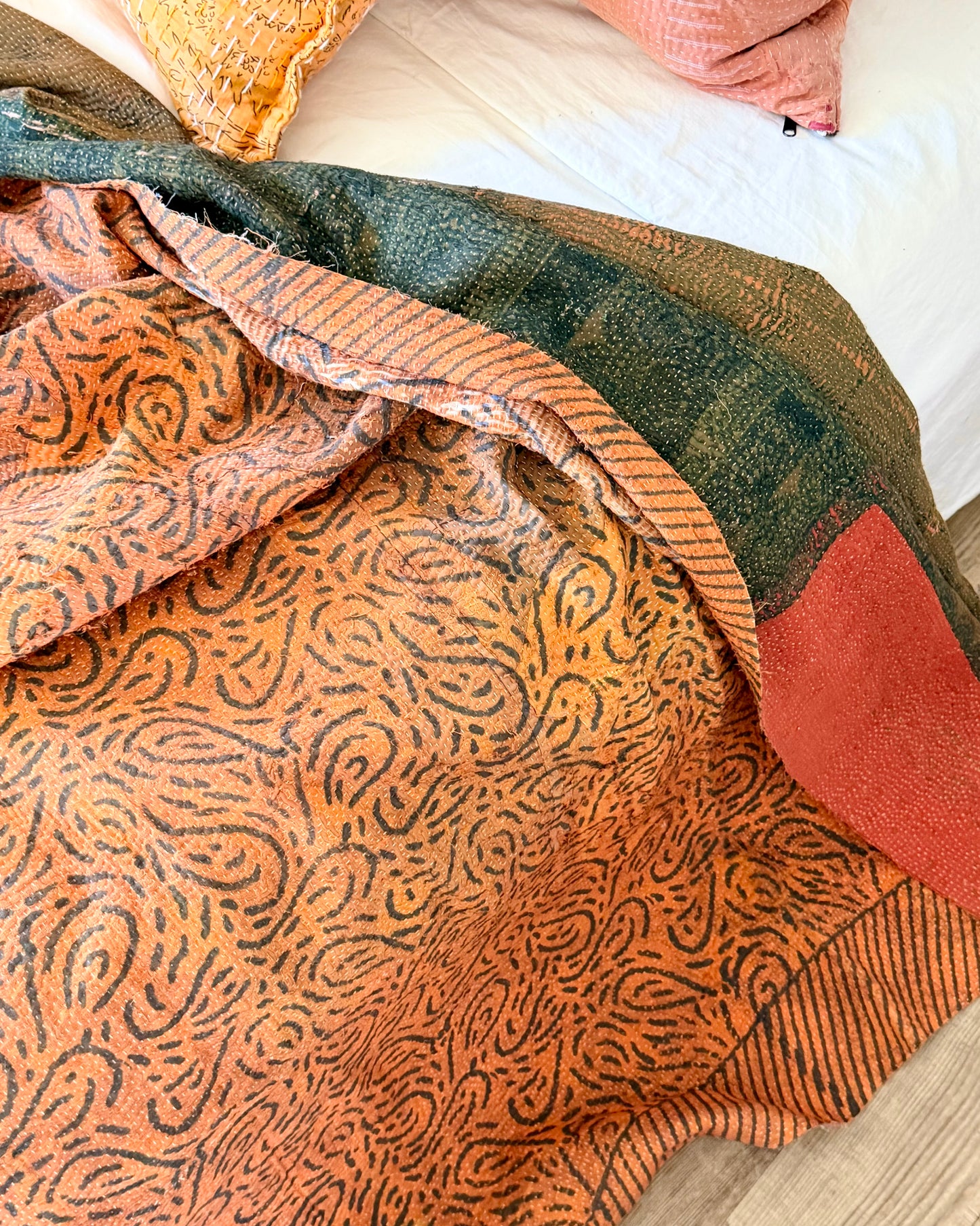 Ajrakh Printed Vintage Kantha Quilt In Orange And Green