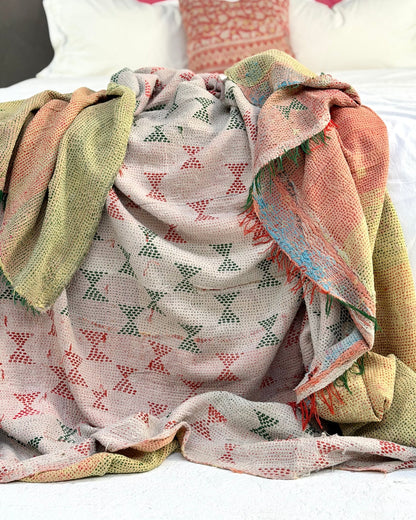 Embroidered Vintage Kantha Quilt in Peachy Pink, Yellow and White - Biggs & Hill