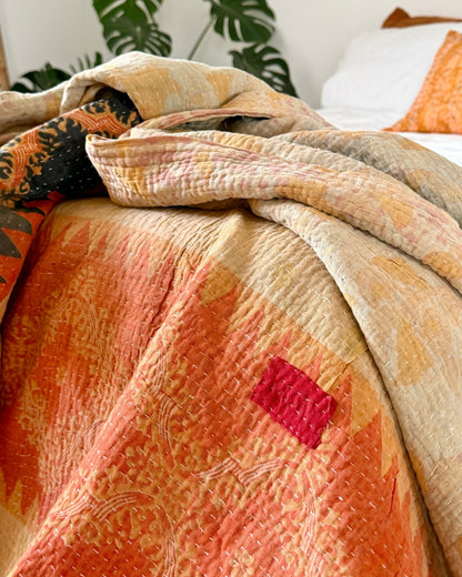 Fine Stitched Vintage Kantha Quilt in Beige and Orange Zig Zags - Biggs & Hill