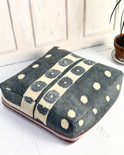 Large Square Kantha Floor Cushion Cover In Blue and Purple Stripe