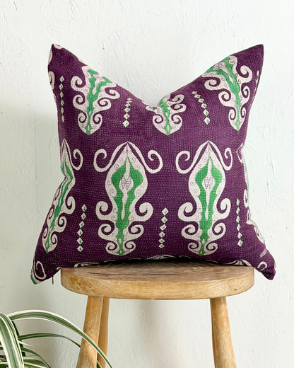 Handmade Vintage Kantha Cushion Cover In Green and Purple - 45cm (18") Square