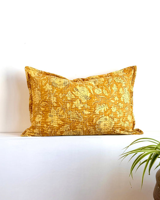 Sunshine Yellow Floral Block Printed Hand Stitched Rectangular Kantha Cushion - Biggs & Hill