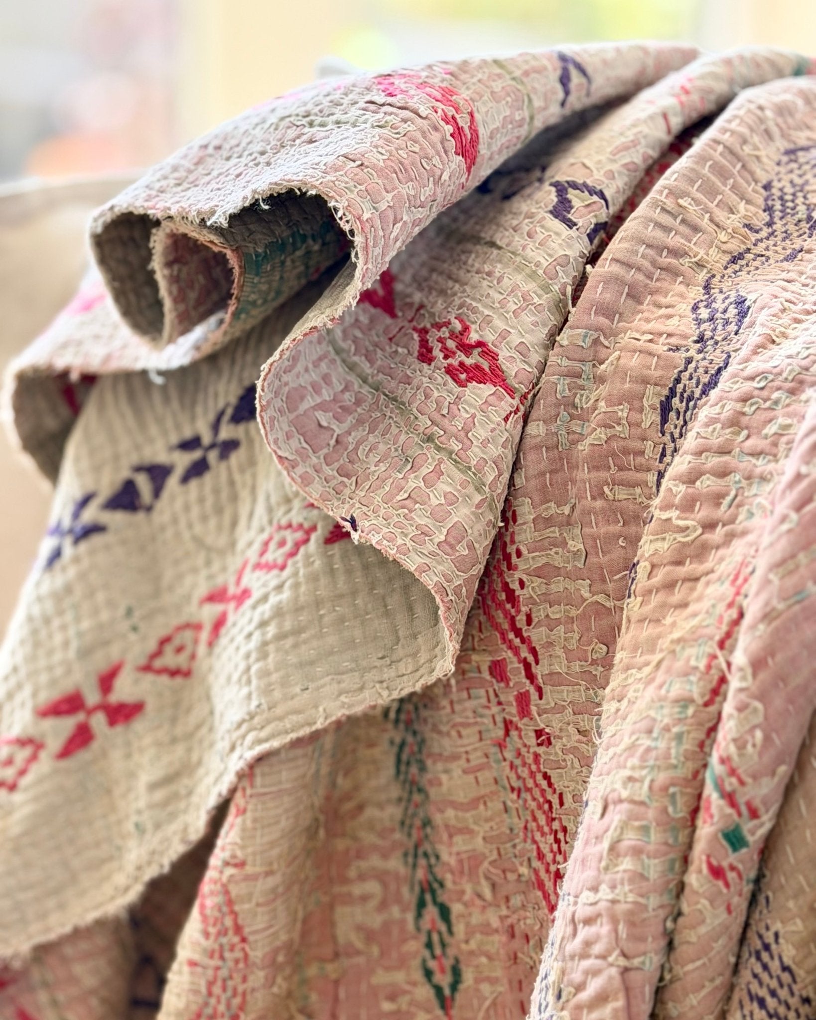 Embroidered and Textured Vintage Kantha Quilt In Green and Light Pink - Biggs & Hill
