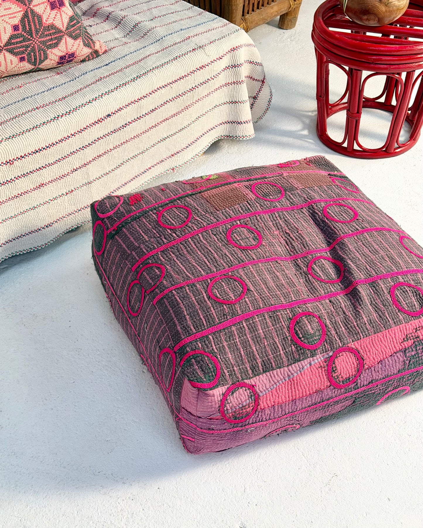 Large Square Kantha Floor Cushion Cover With Pink Circles