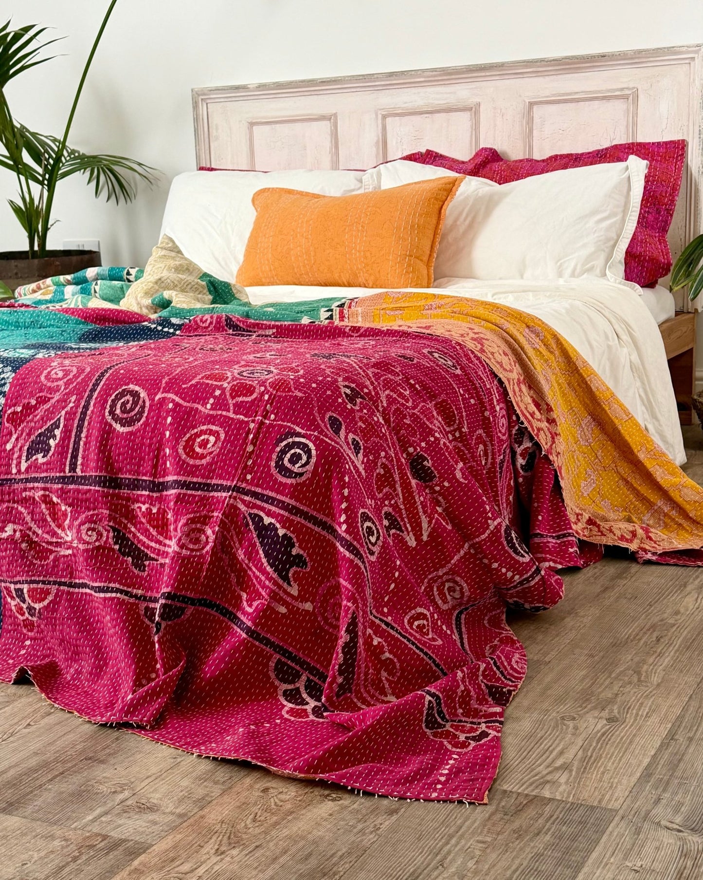 Super King Vintage Kantha Quilt in Pink, Blue and Yellow - Biggs & Hill