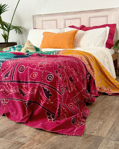 Super King Vintage Kantha Quilt in Pink, Blue and Yellow - Biggs & Hill