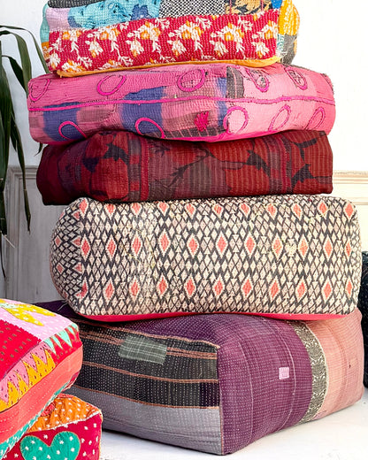 Large Square Kantha Floor Cushion Cover In Blue and Yellow