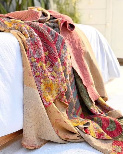Extra Large Fine Stitched Vintage Kantha Quilt in Red and Yellow - Biggs & Hill