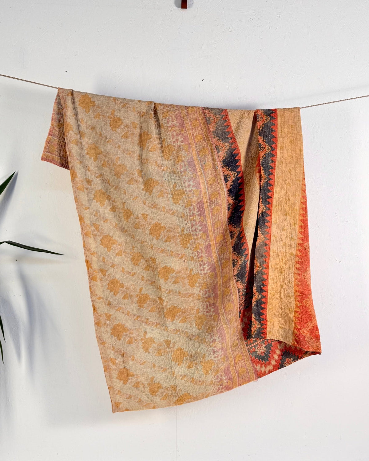 Fine Stitched Vintage Kantha Quilt in Beige and Orange Zig Zags - Biggs & Hill
