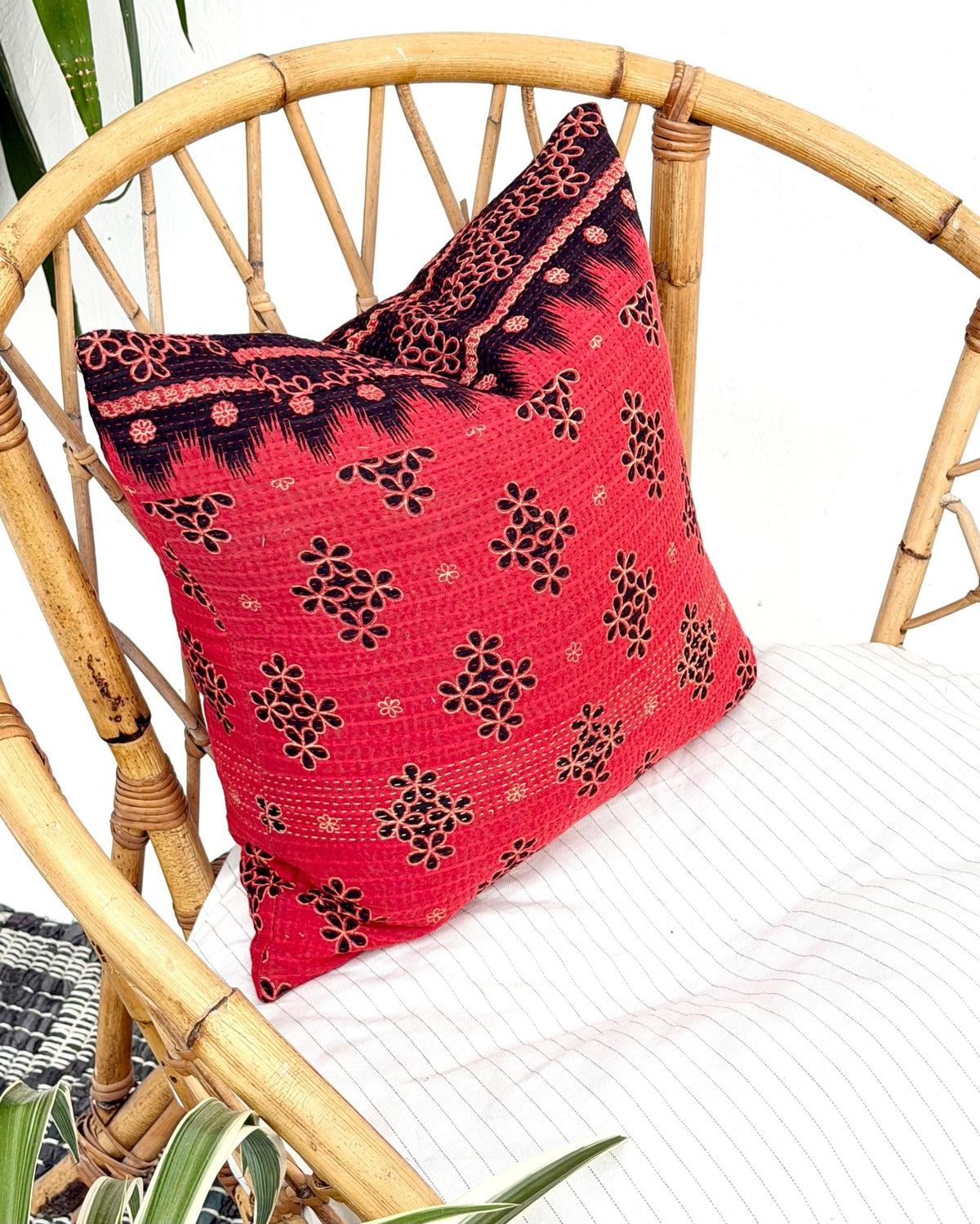 Handmade Reversible Vintage Kantha Cushion Cover In Red and Black - 45cm (18") - Biggs & Hill