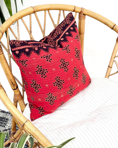 Handmade Reversible Vintage Kantha Cushion Cover In Red and Black - 45cm (18") - Biggs & Hill