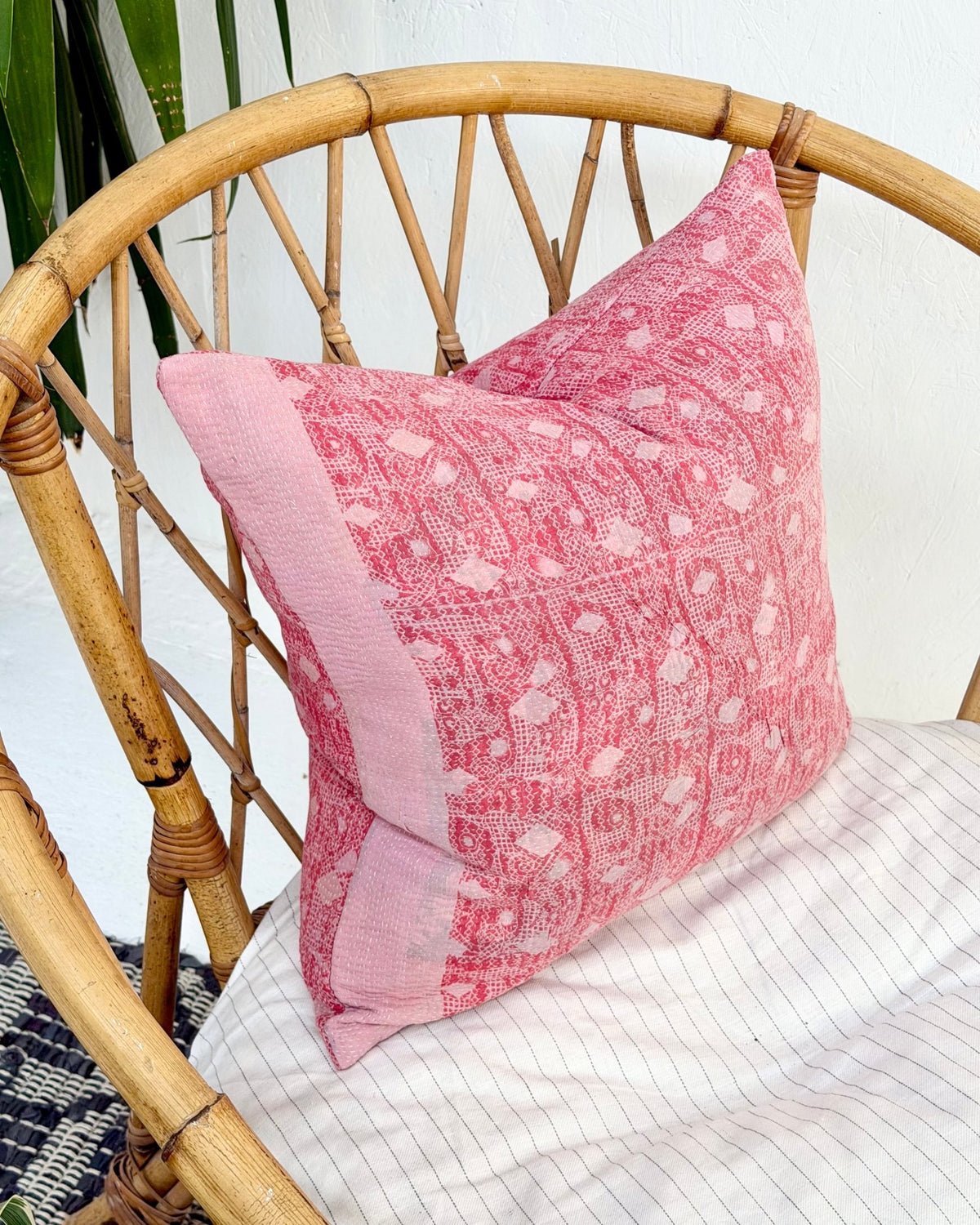 Handmade Vintage Kantha Cushion Cover In Pink- 45cm (18") Square - Biggs & Hill