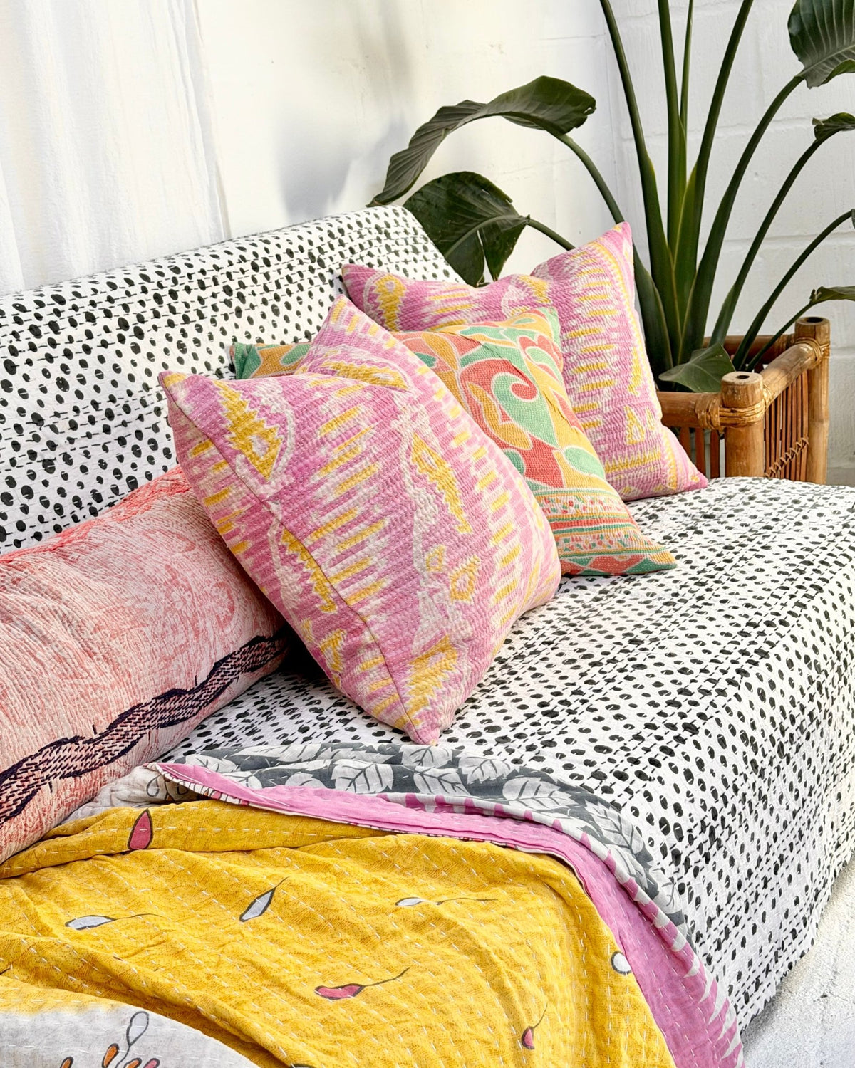 Handmade Vintage Kantha Cushion Cover In Pink- 45cm (18") Square - Biggs & Hill