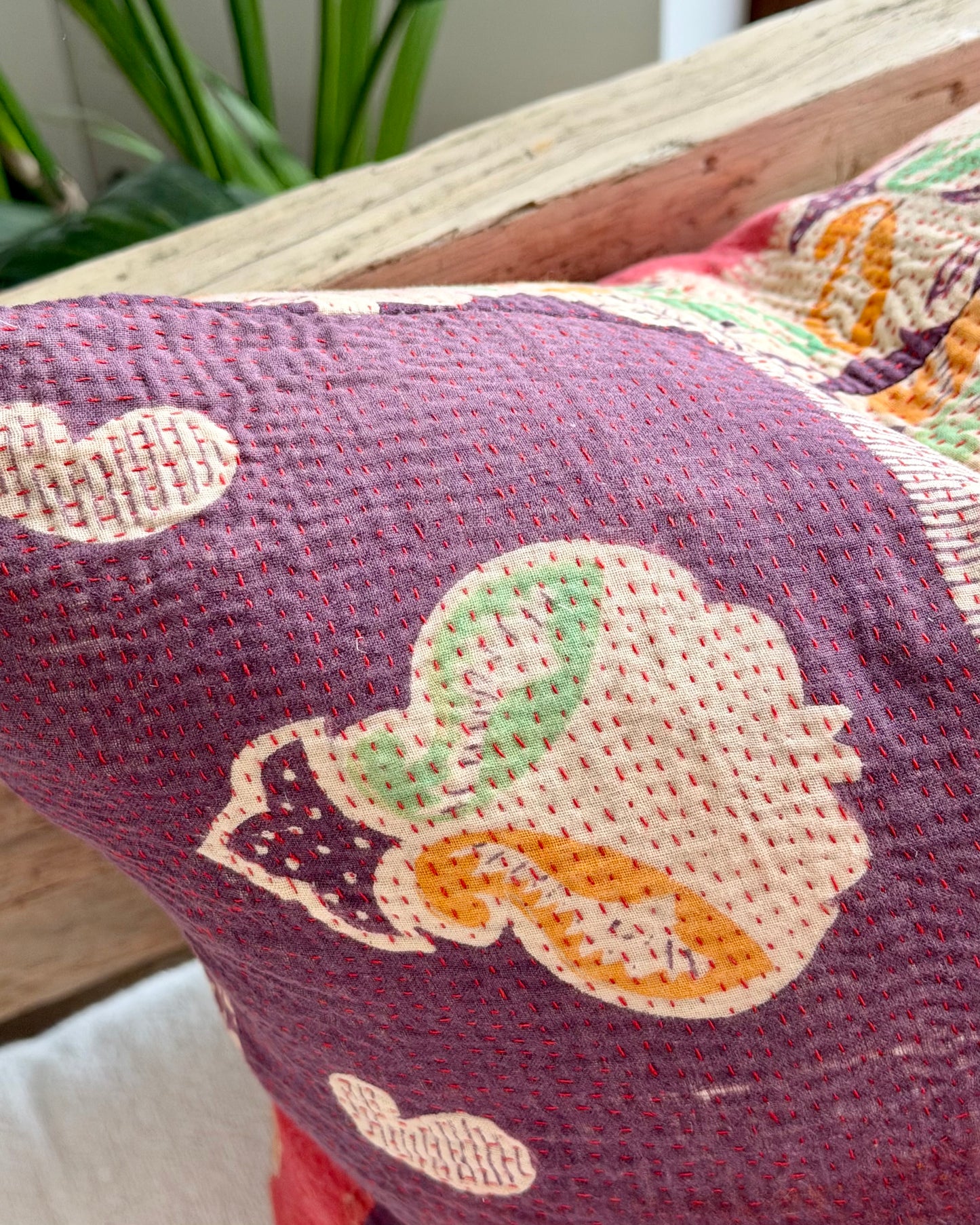 Vintage Kantha Cushion In Pink and Purple - 45cm Square