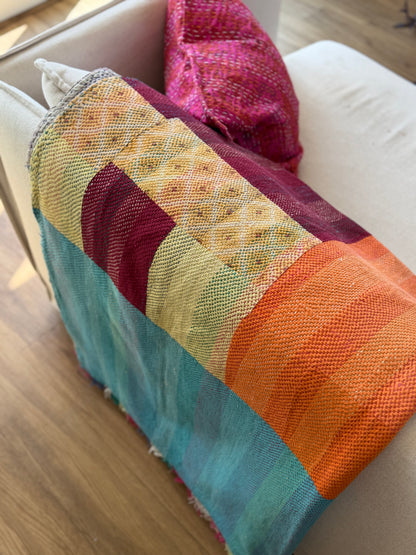 Large Heavy Kantha Blanket Quilt in Pink, Orange and Blue Colour Block