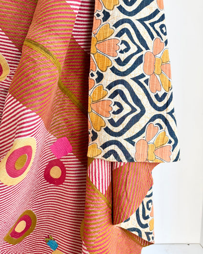 Extra Large Fine Stitched Vintage Kantha Quilt With Pink Dots and Navy Blue Patterns - Biggs & Hill