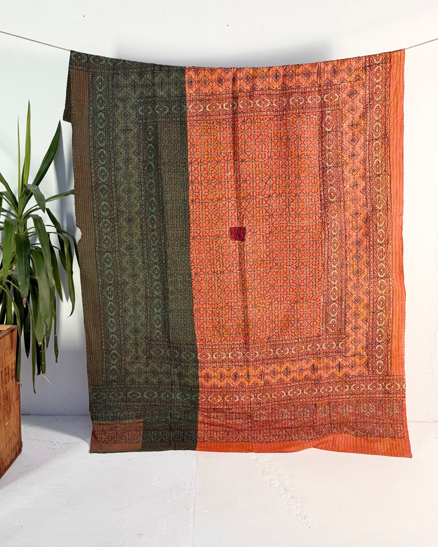 Project Kantha Quilt: Green and Orange with Ajrakh Print