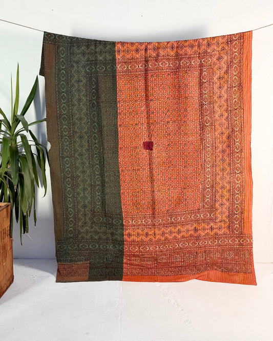 Project Kantha Quilt: Green and Orange with Ajrakh Print - Biggs & Hill