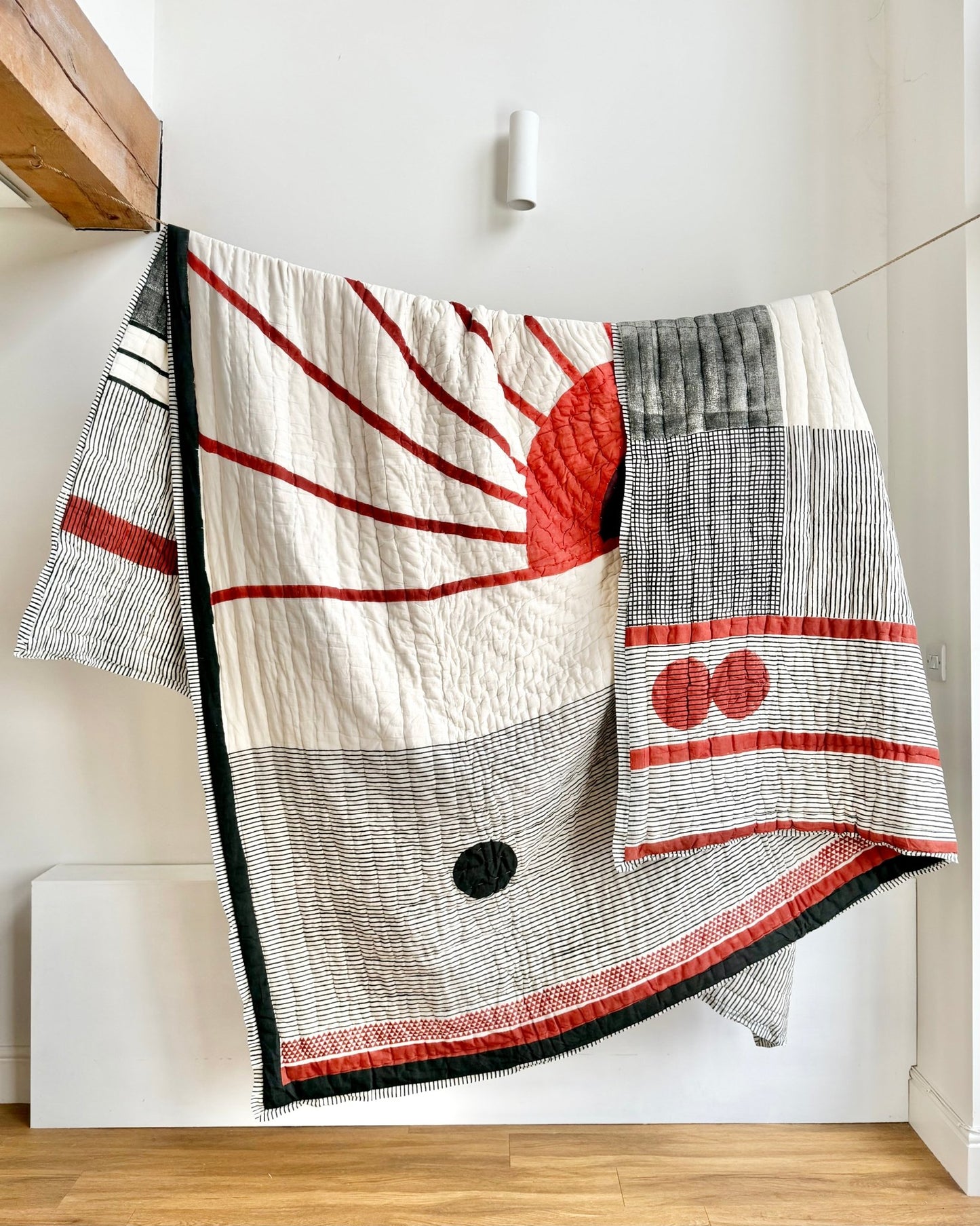 Quilted Kantha With Sun Pattern In Black, White and Red - KING - Biggs & Hill