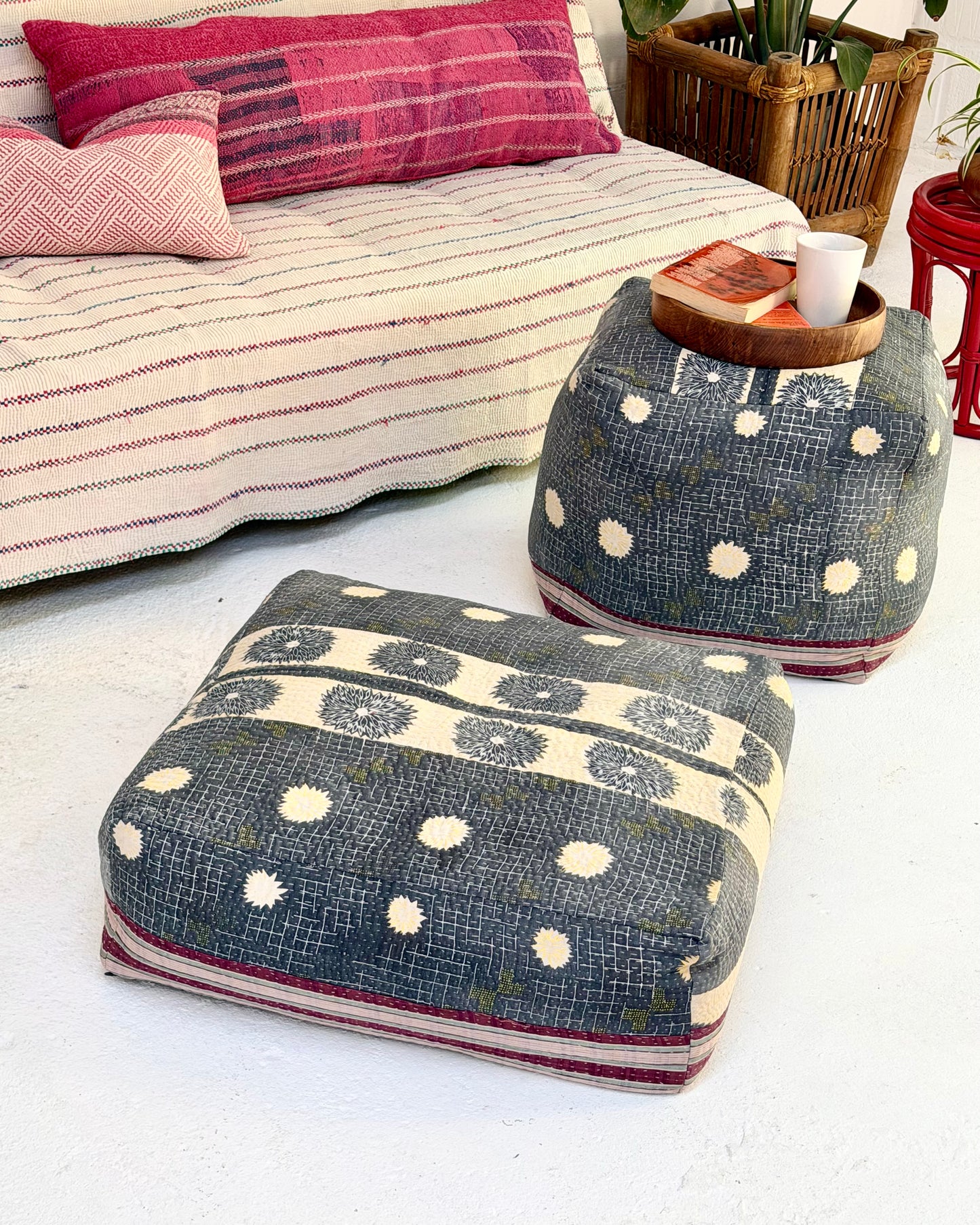 Large Square Kantha Floor Cushion Cover In Blue and Purple Stripe
