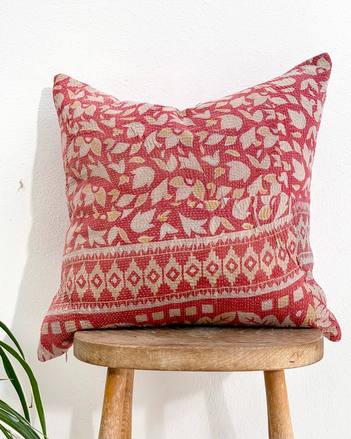 Handmade Vintage Kantha Cushion Cover In Pink Floral - 45cm (18") - Biggs & Hill