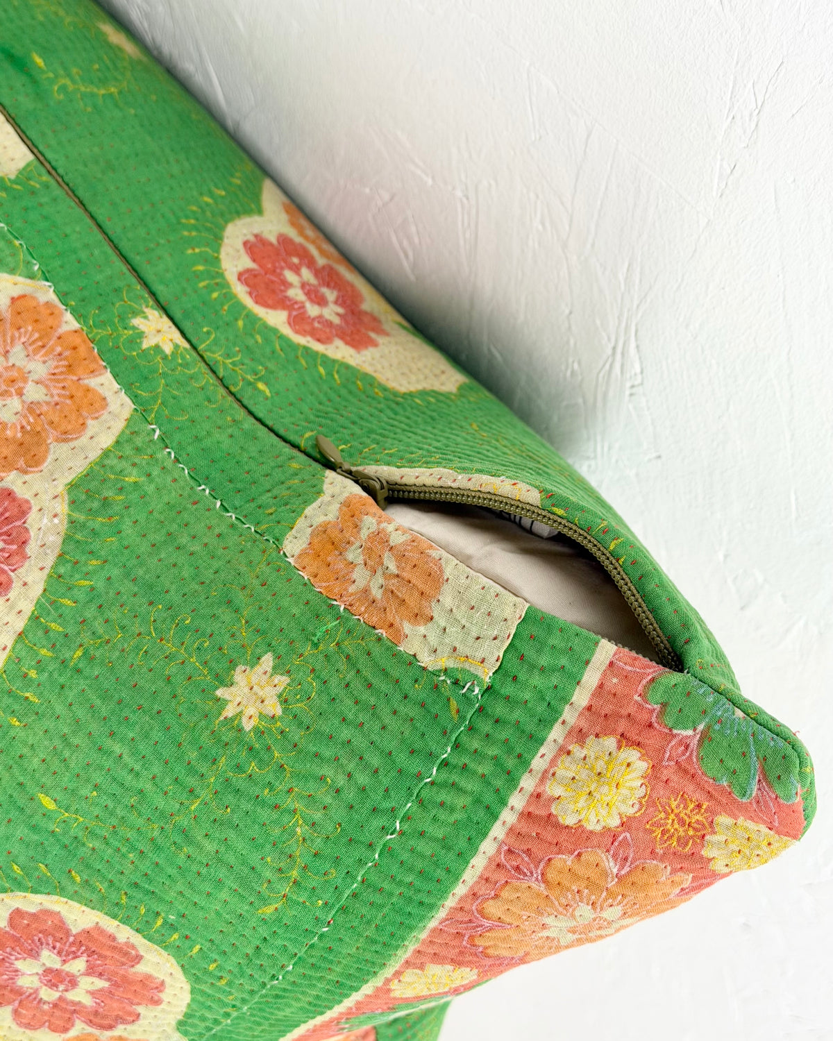 Handmade Vintage Kantha Cushion Cover In Green Floral - 45cm (18") Square