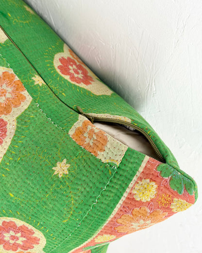 Handmade Vintage Kantha Cushion Cover In Green Floral - 45cm (18") Square