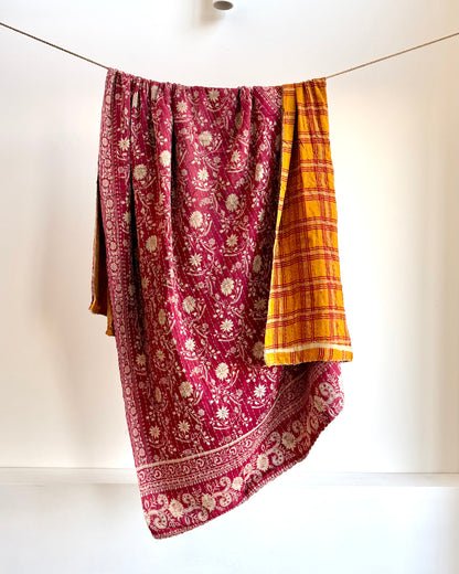 Vintage Cotton Kantha Quilt In Mustard And Red #42