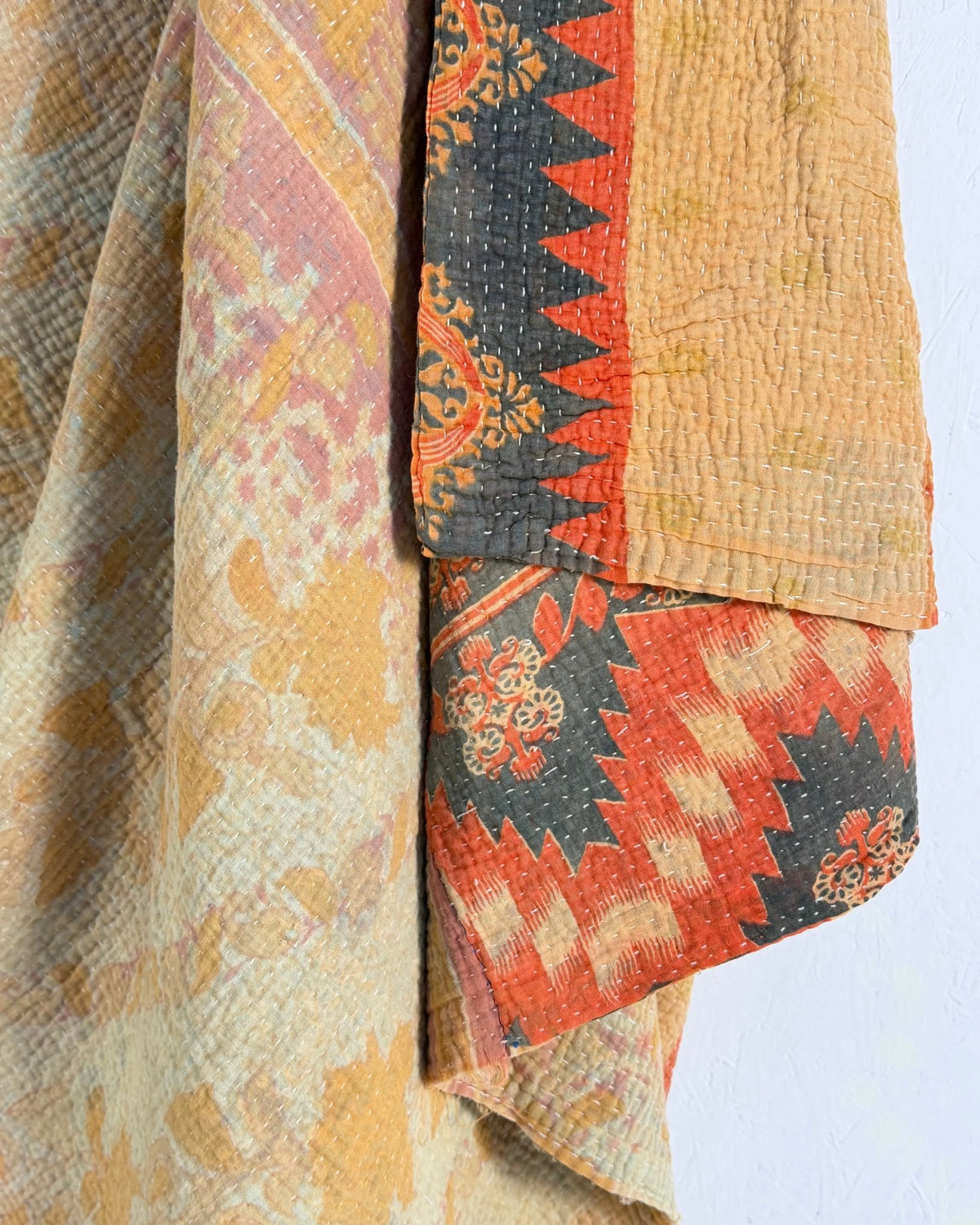 Fine Stitched Vintage Kantha Quilt in Beige and Orange Zig Zags - Biggs & Hill