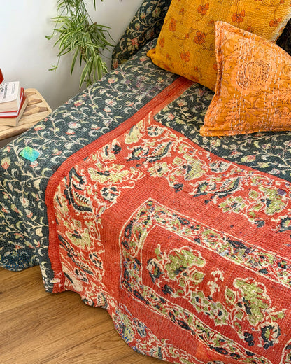 Hand Block Printed Fine Stitched Vintage Kantha Quilt In Muted Blue-Green and Orange