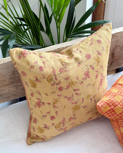 Vintage Kantha Cushion With Yellow Flowers - 45cm Square