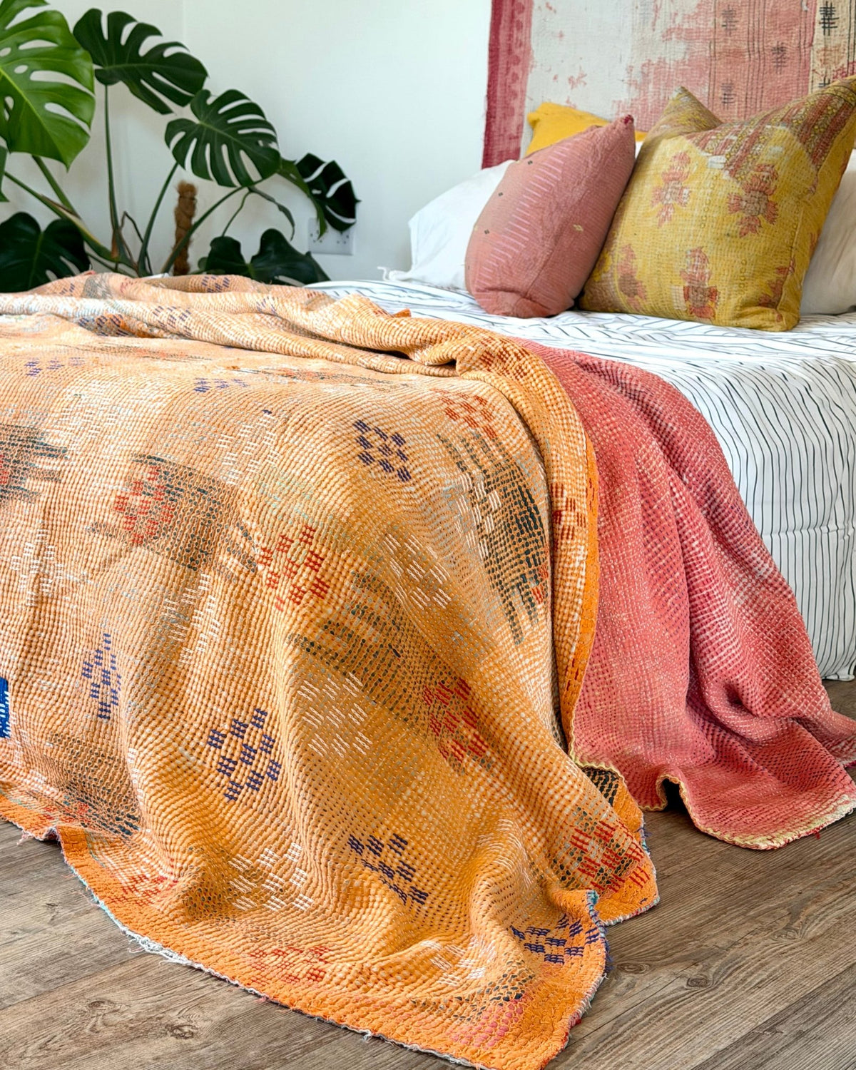 Fine Stitched Heavy Vintage Kantha Quilt in Soft Pink and Orange - FIRST picture - Biggs & Hill