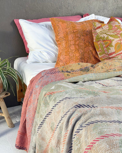 Large Embroidered Vintage Kantha Quilt in Yellow and Light Green - Biggs & Hill