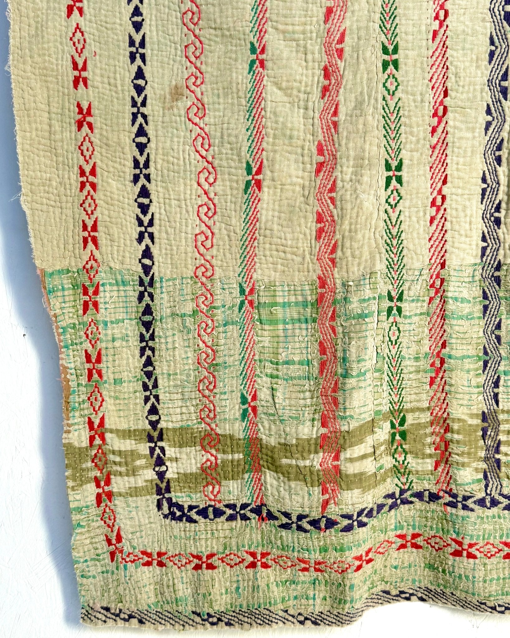 Embroidered and Textured Vintage Kantha Quilt In Green and Light Pink - Biggs & Hill
