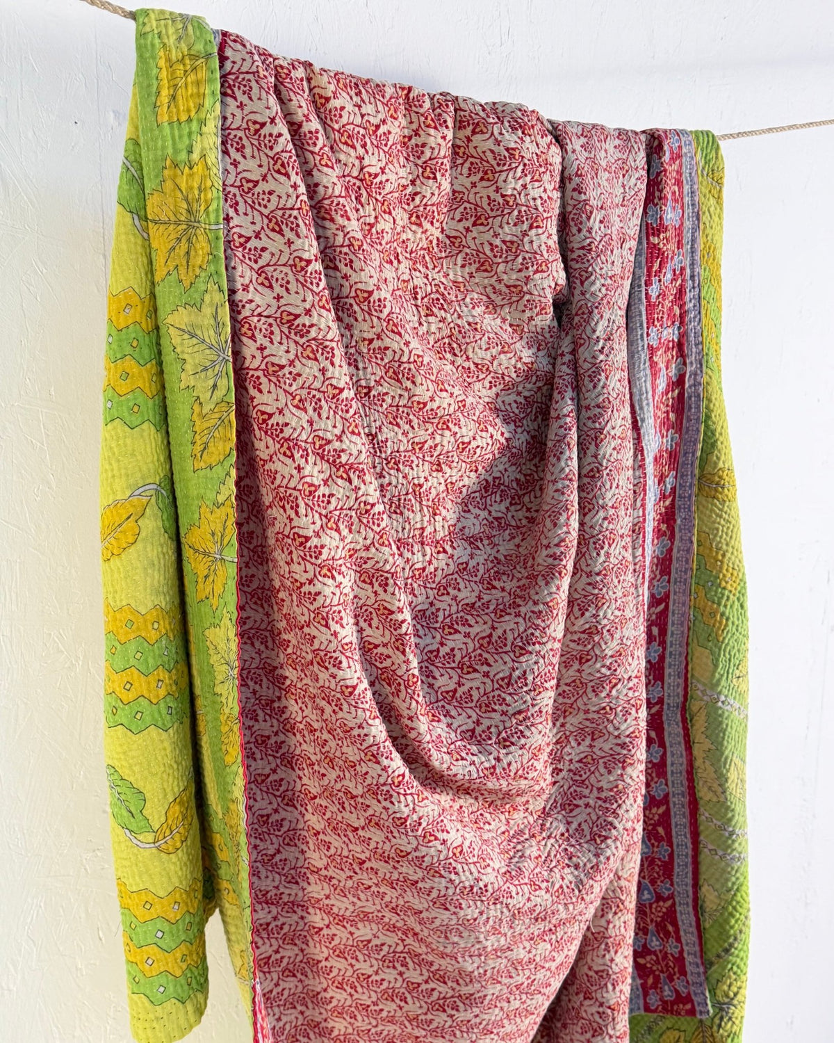 Large Fine Stitched Vintage Kantha Quilt in Bright Green and Red Floral - Biggs & Hill