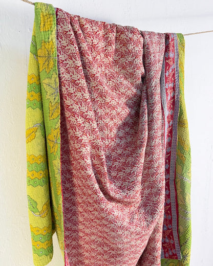 Large Fine Stitched Vintage Kantha Quilt in Bright Green and Red Floral - Biggs & Hill