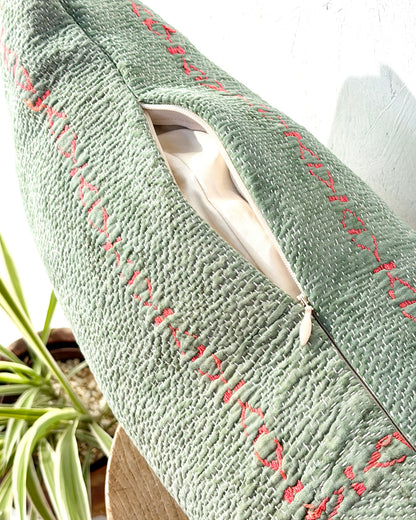 Vintage Kantha Bolster Cushion Cover In Green With Orange Embroidery - 80cm