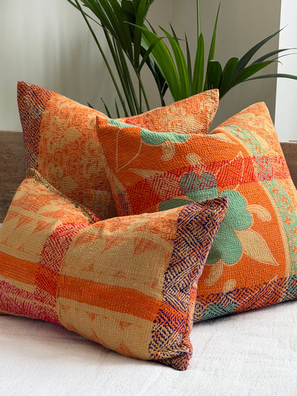 Vintage Kantha Cushion In Orange and Green - Small Rectangular