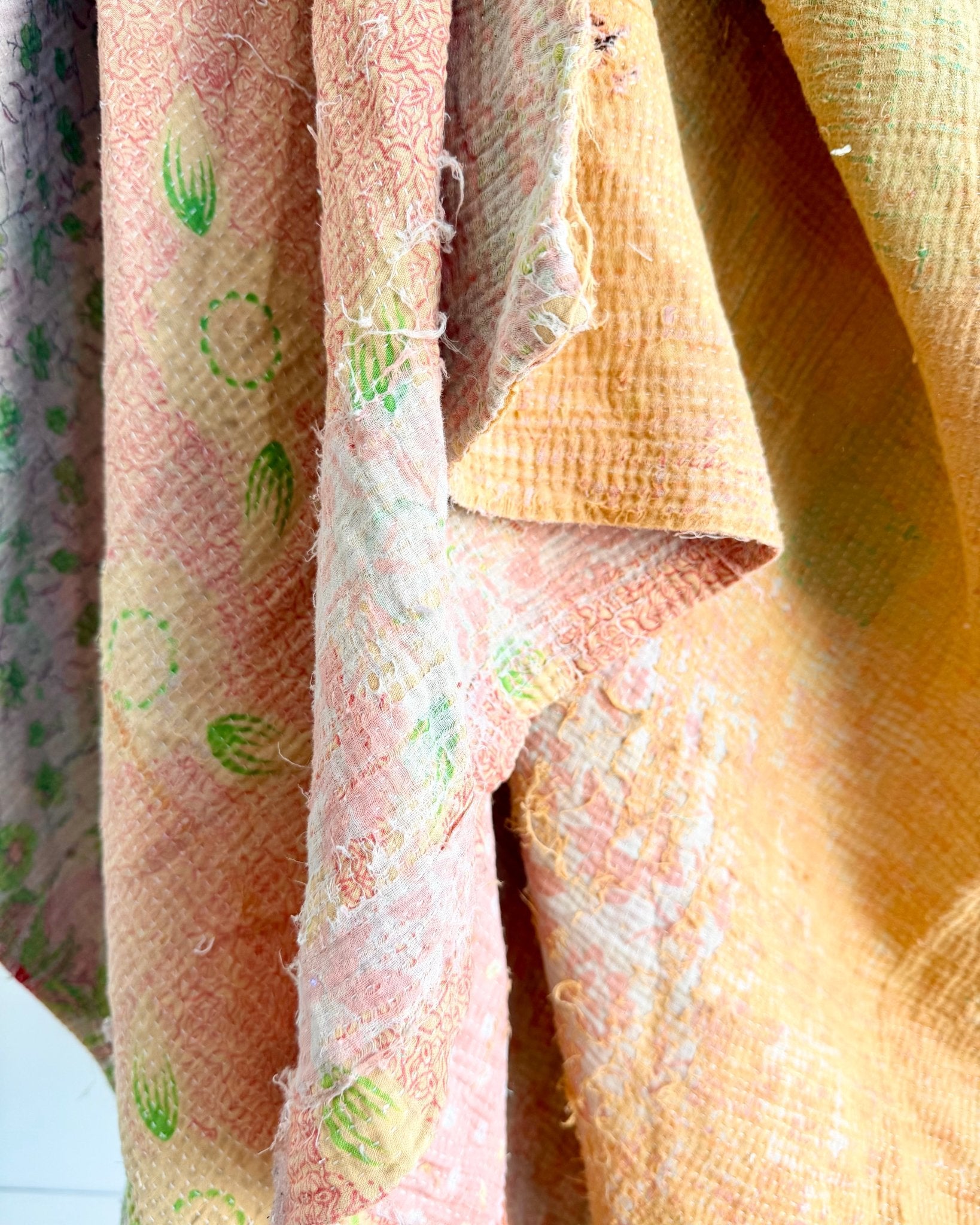 Project Kantha Quilt: Soft Yellow and Pink With Authentic Aged Texture - Biggs & Hill