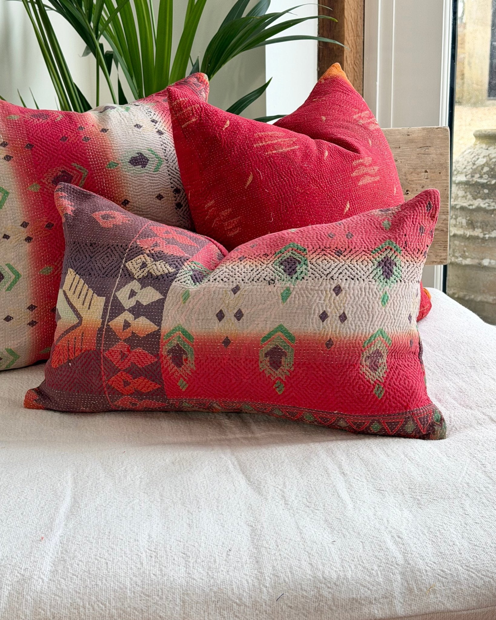 Vintage Kantha Cushion In Geometric Pink and Purple - Small Rectangular - Biggs & Hill