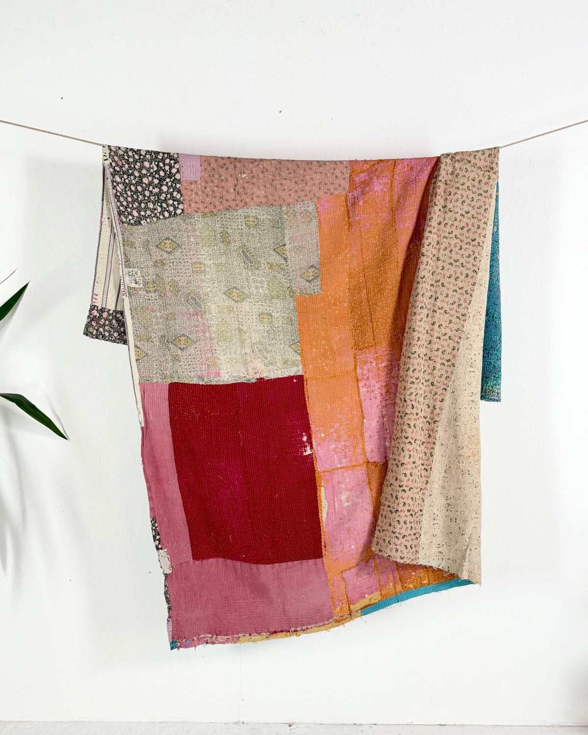 Textured Vintage Kantha Quilt in Patchwork Pink, Orange and Blue - Biggs & Hill