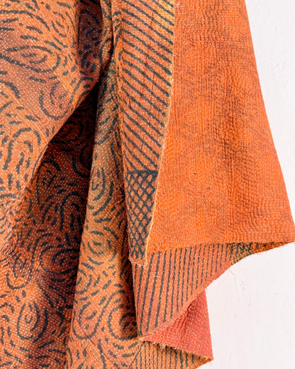 Ajrakh Printed Vintage Kantha Quilt In Orange And Green