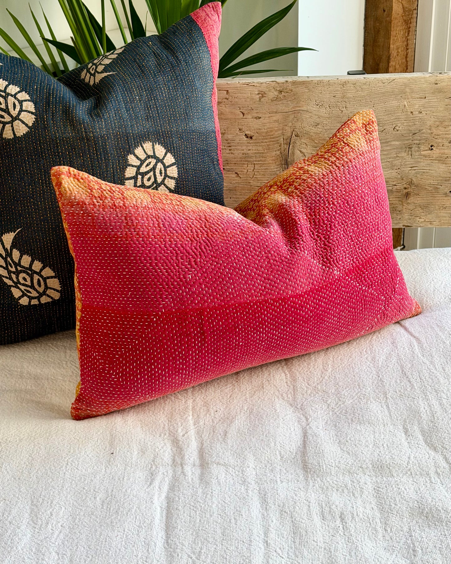 Vintage Kantha Cushion In Pink and Yellow - Small Rectangular