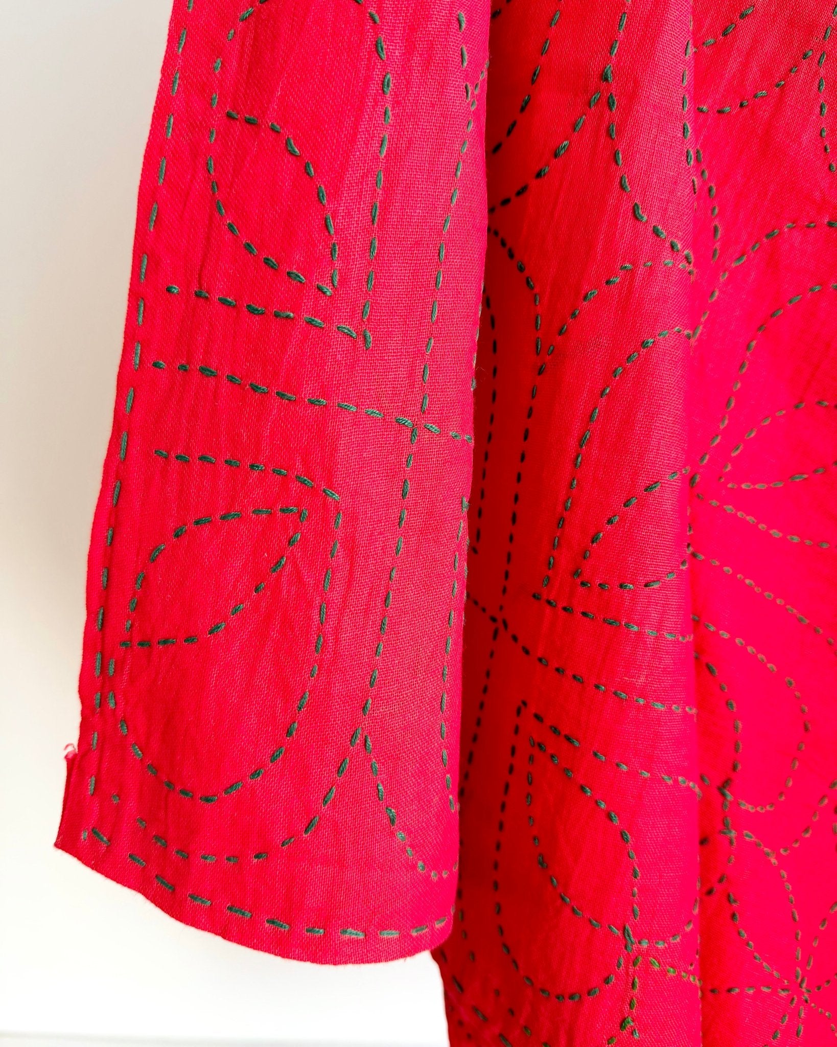 Embroidered Handmade Revival Nakshi Kantha Bedcover In Red - Biggs & Hill