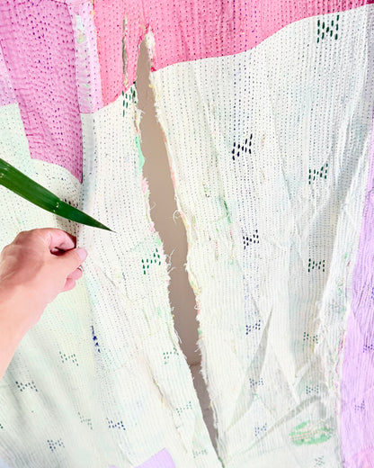 Project Kantha Quilt: Pink, Yellow and Green Patchwork With Authentic Aged Texture